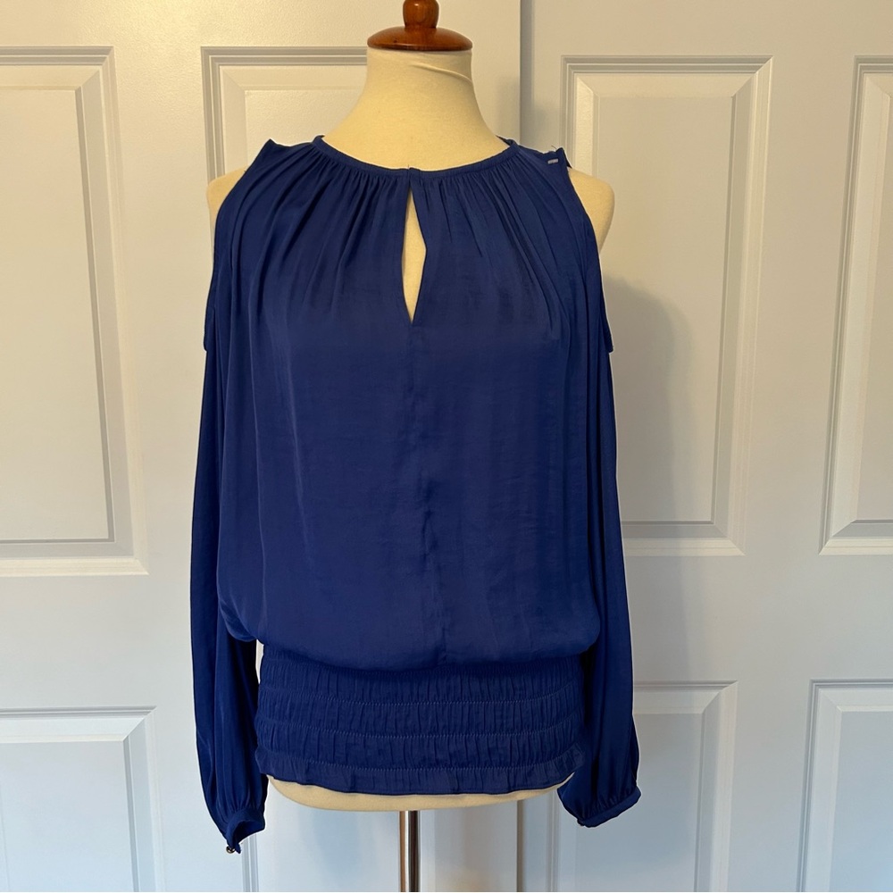 Jennifer Lopez Blue Cold Shoulder Silky Blouse